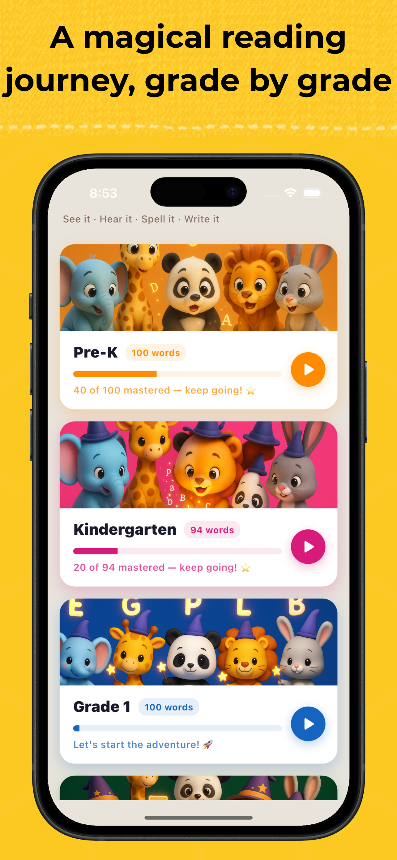 Word Wizard sight words app grade dashboard screenshot