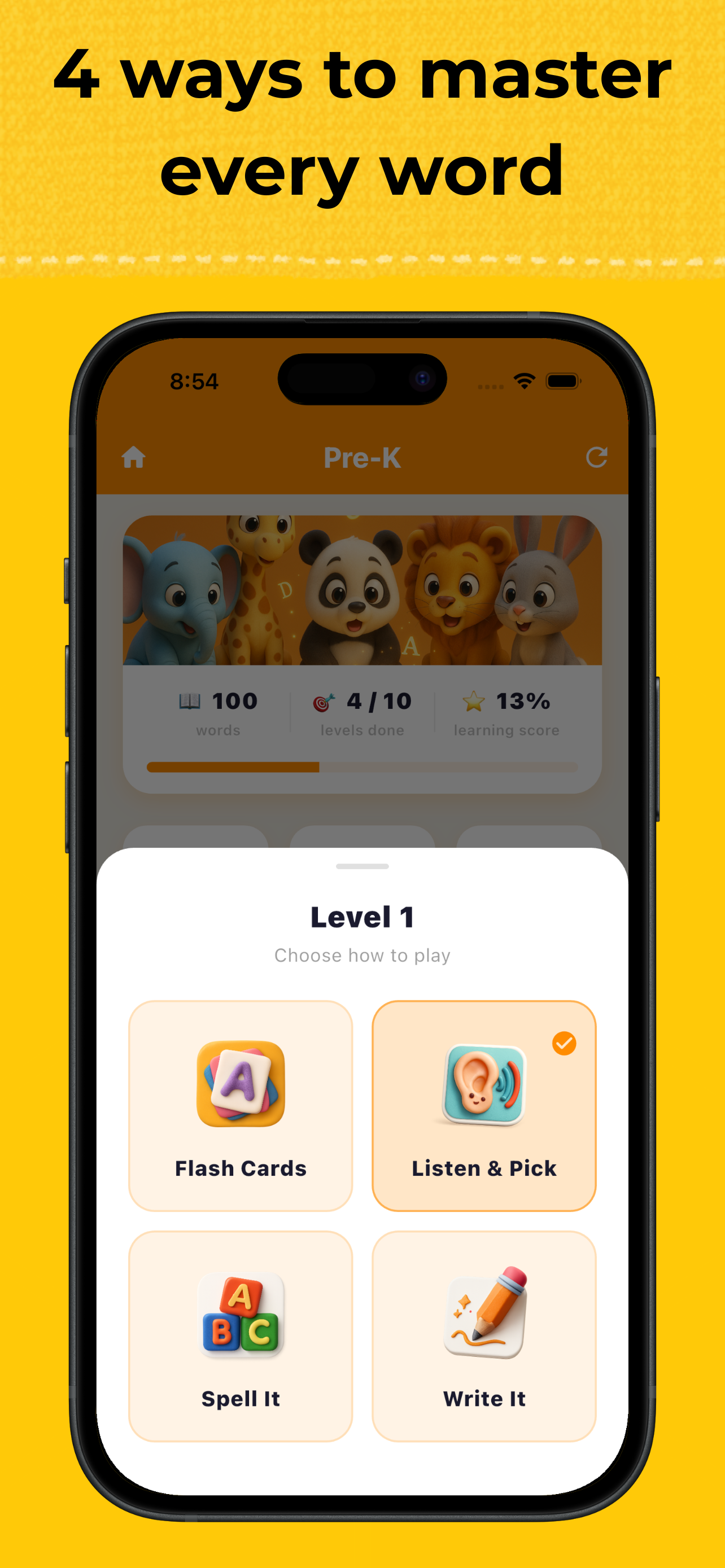 Choose a game mode: Flash Cards, Listen and Pick, Spell It, Write It